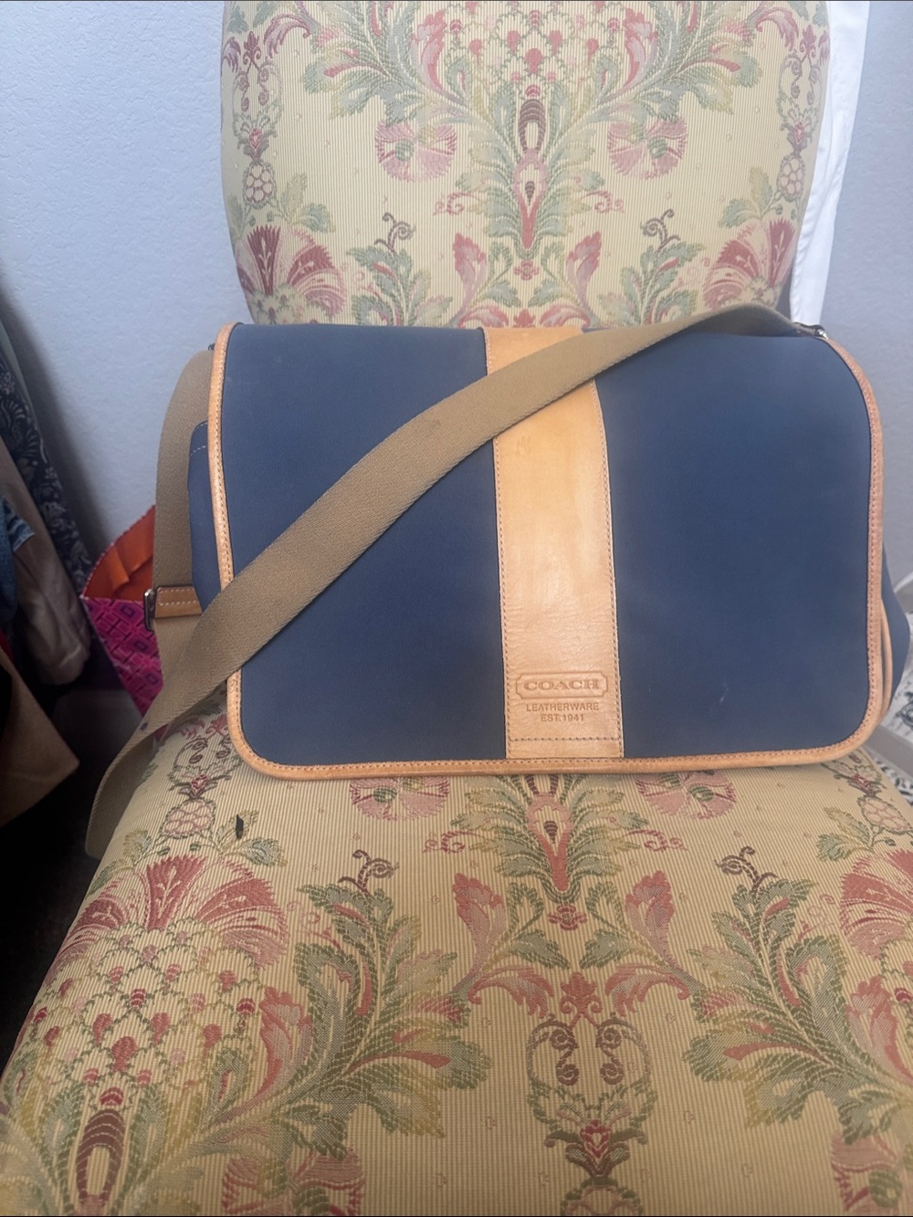 Coach Navy and Tan Leather-Trim Messenger Bag